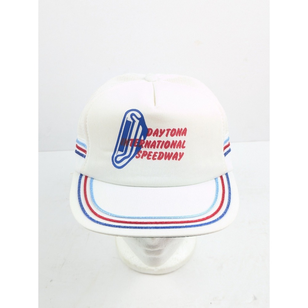 Vintage Daytona International Speedway Racing Trucker‎ Hat White Stripes Mesh